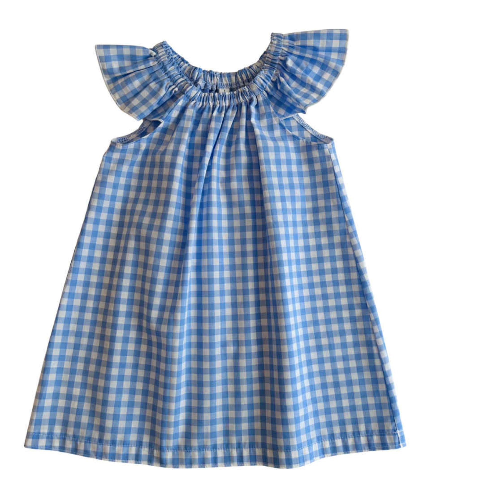 Blue and white checkered dress with flutter sleeves
