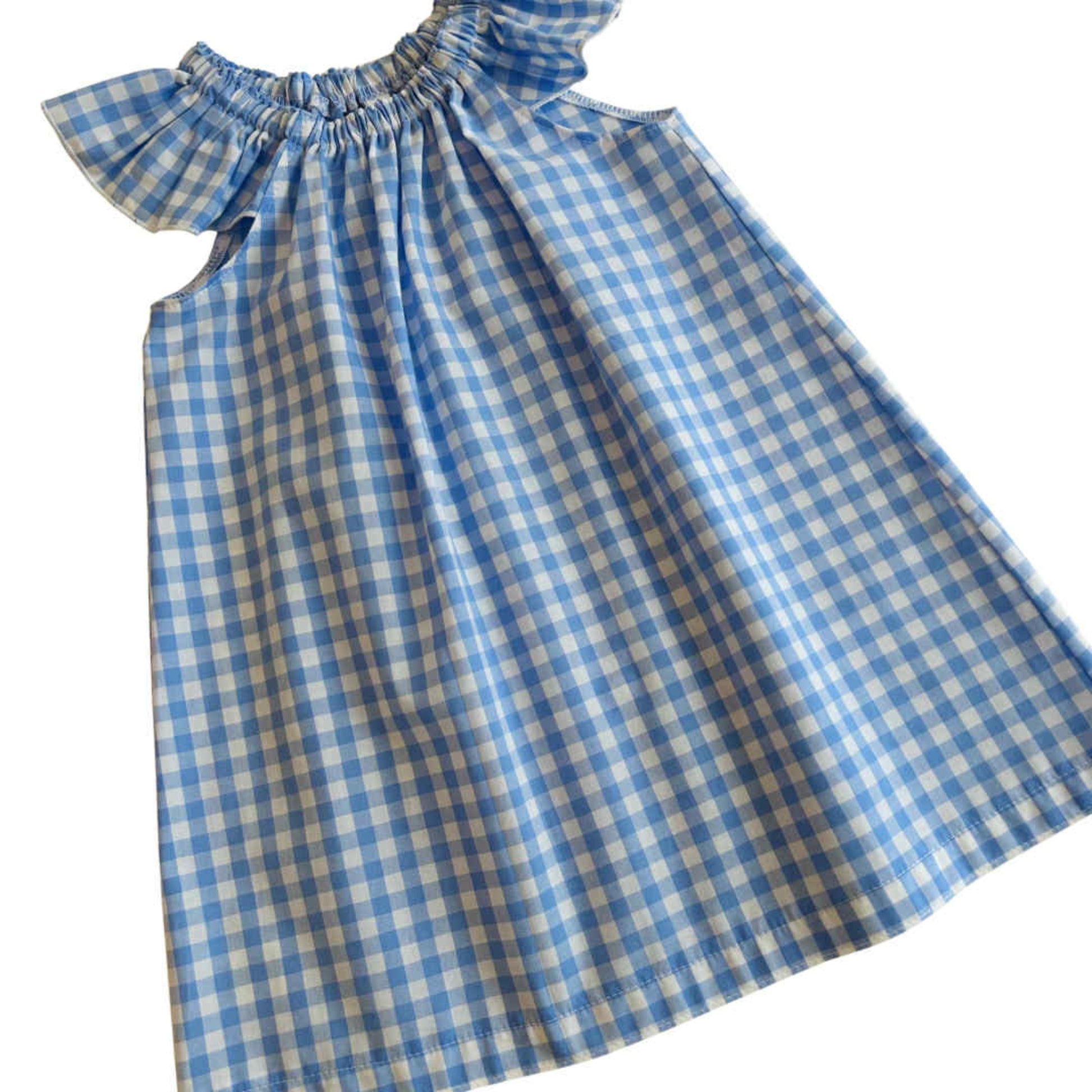 Blue and white checkered dress with Flutter sleeves