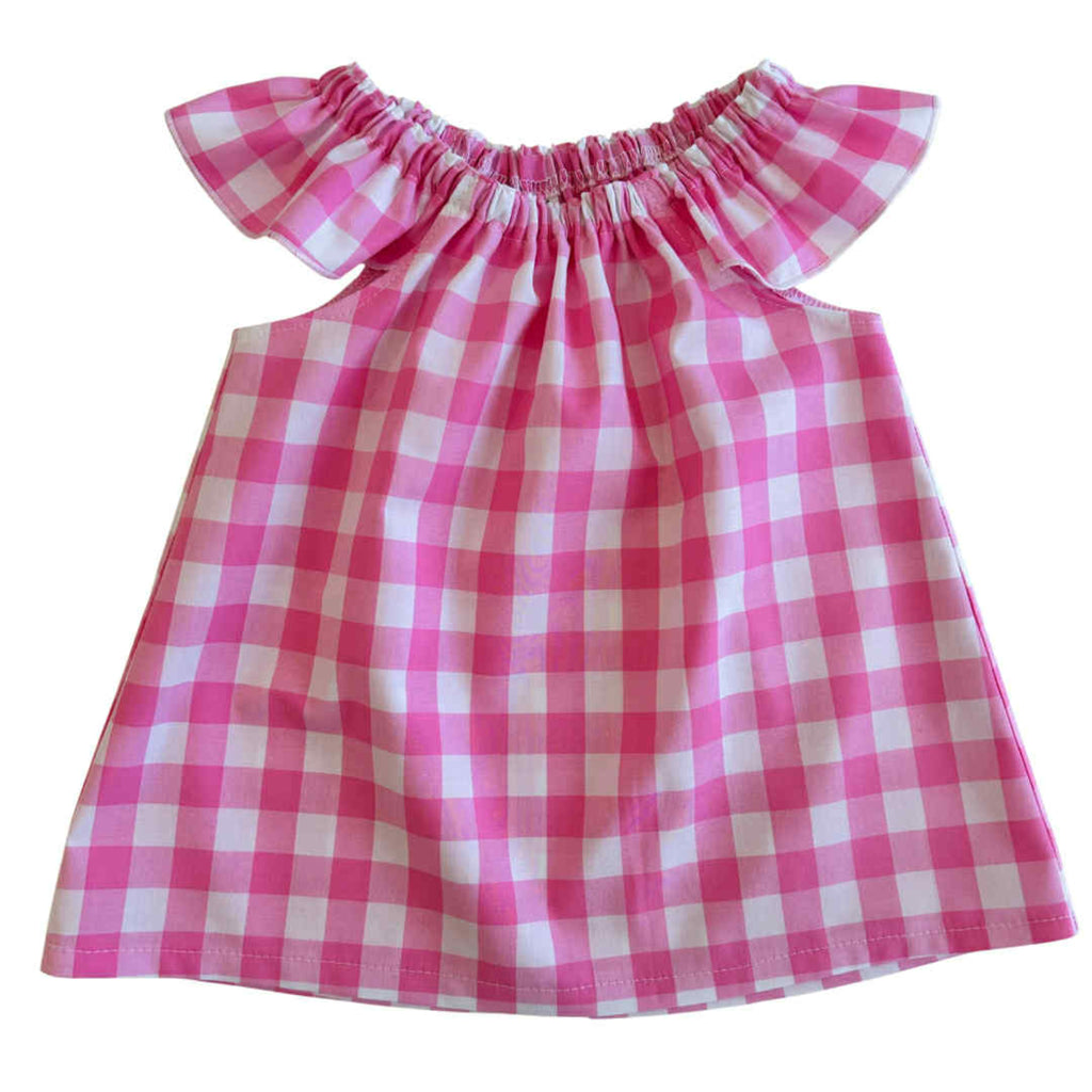 Pink and white checkered dress with flutter sleeves on a white background