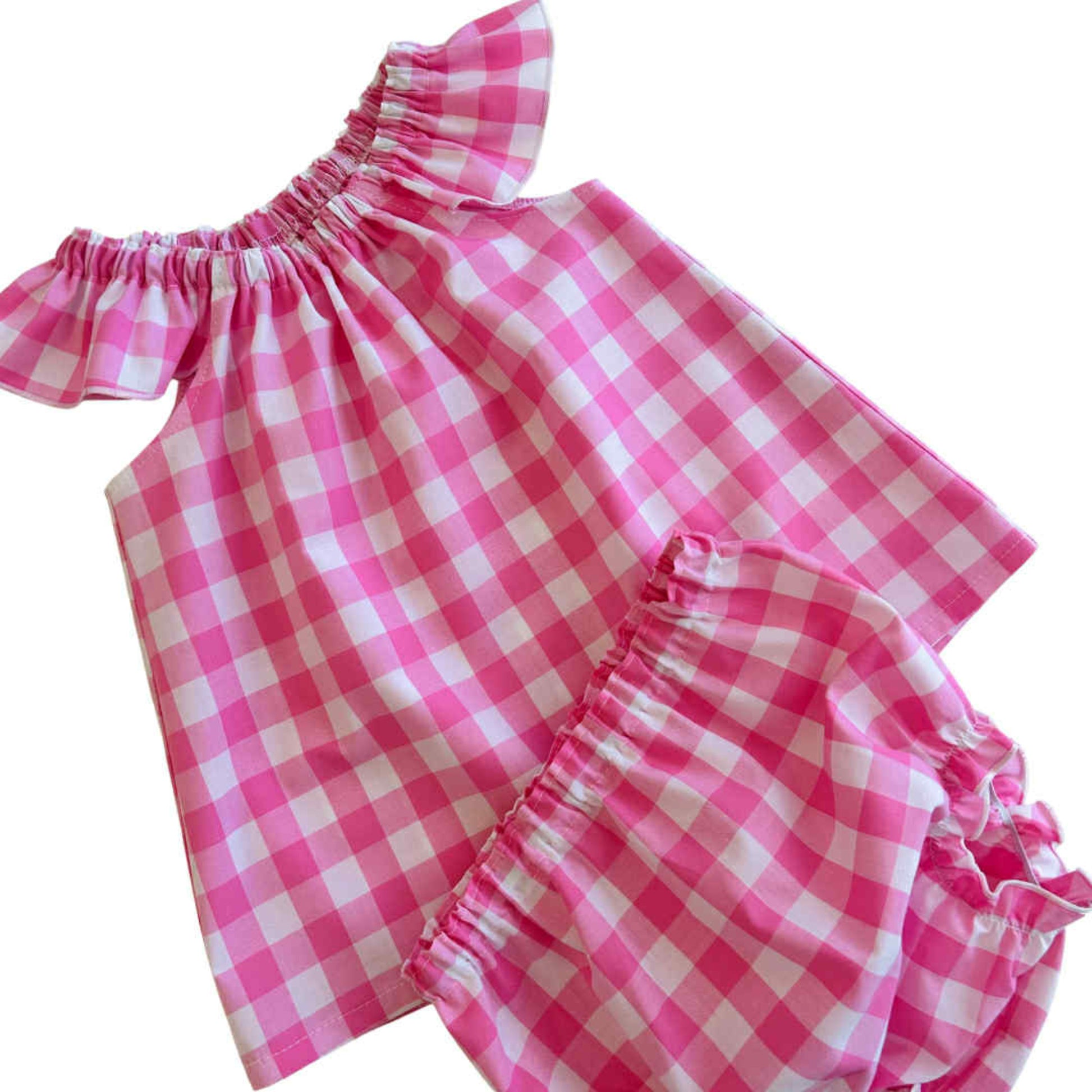 Pink and white checkered dress with flutter sleeve and bloomer set