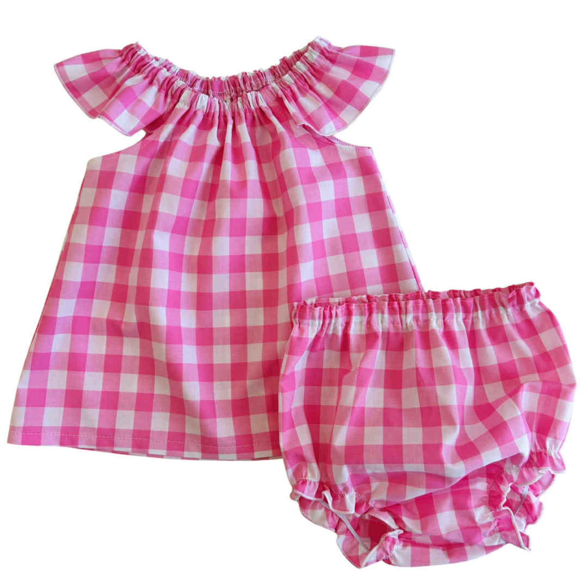 Pink and white checkered dress and bloomers set on a white background