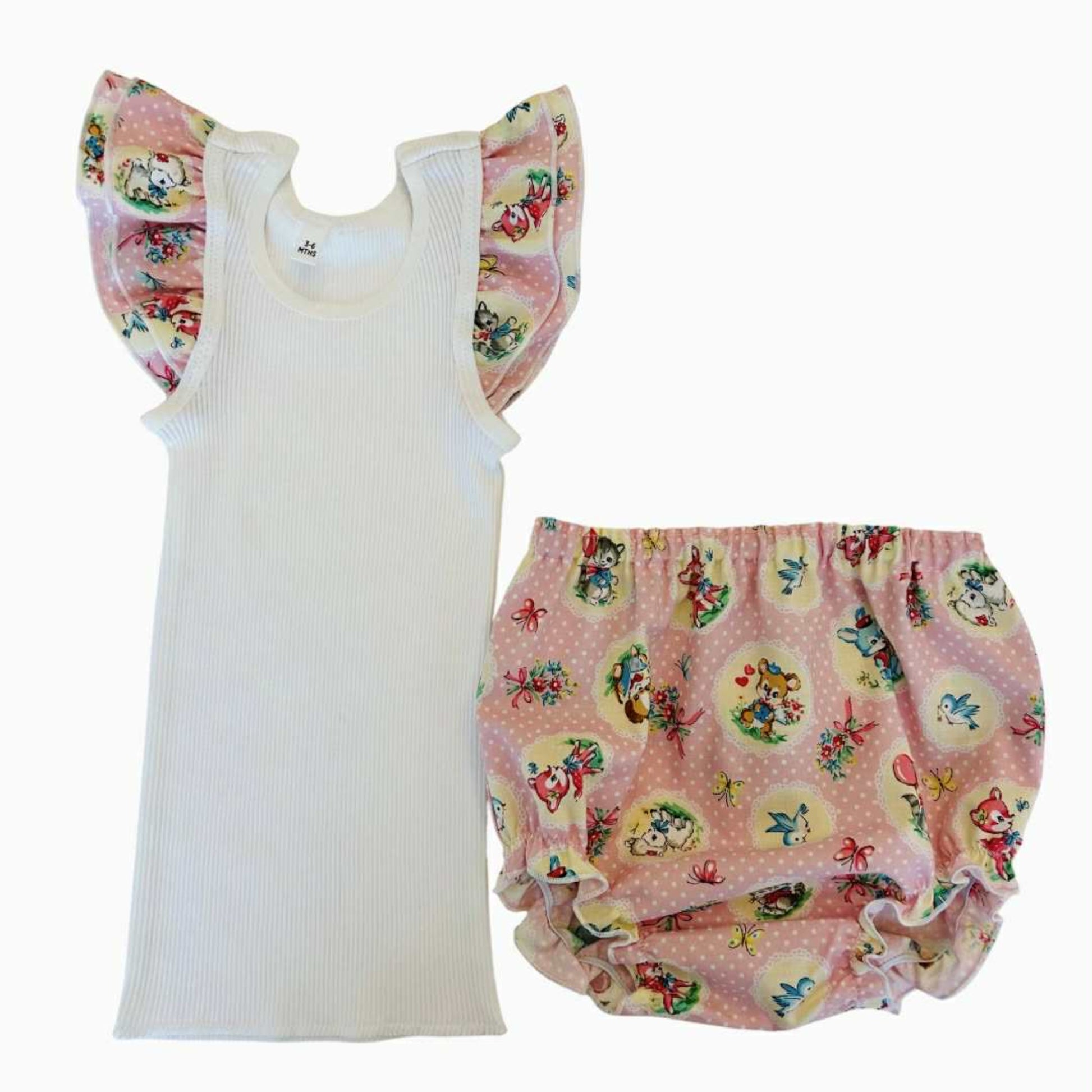 Kawaii Pink Animals  Frilly Singlet & Bloomer Set
