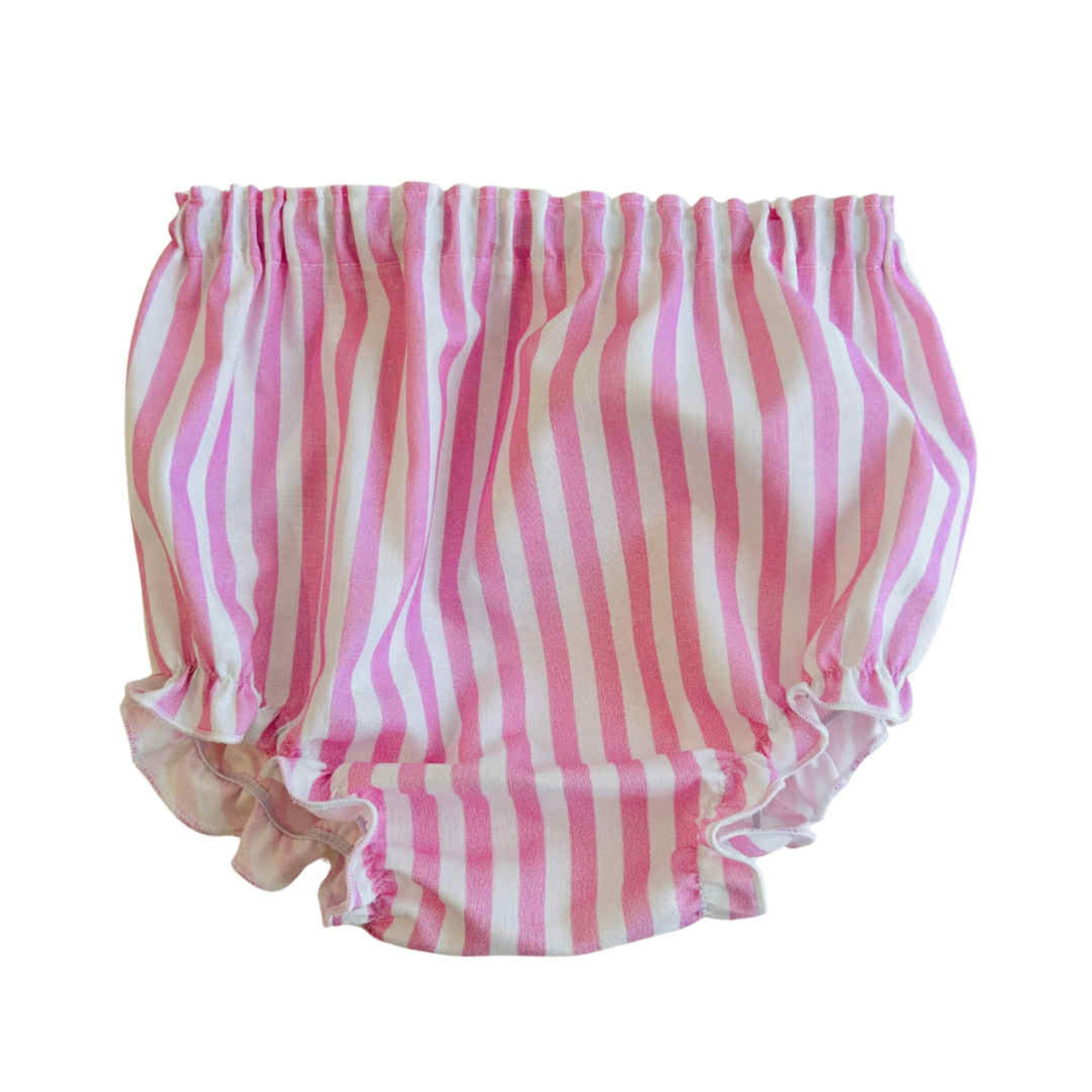 Pink and white striped baby bloomers on a white background