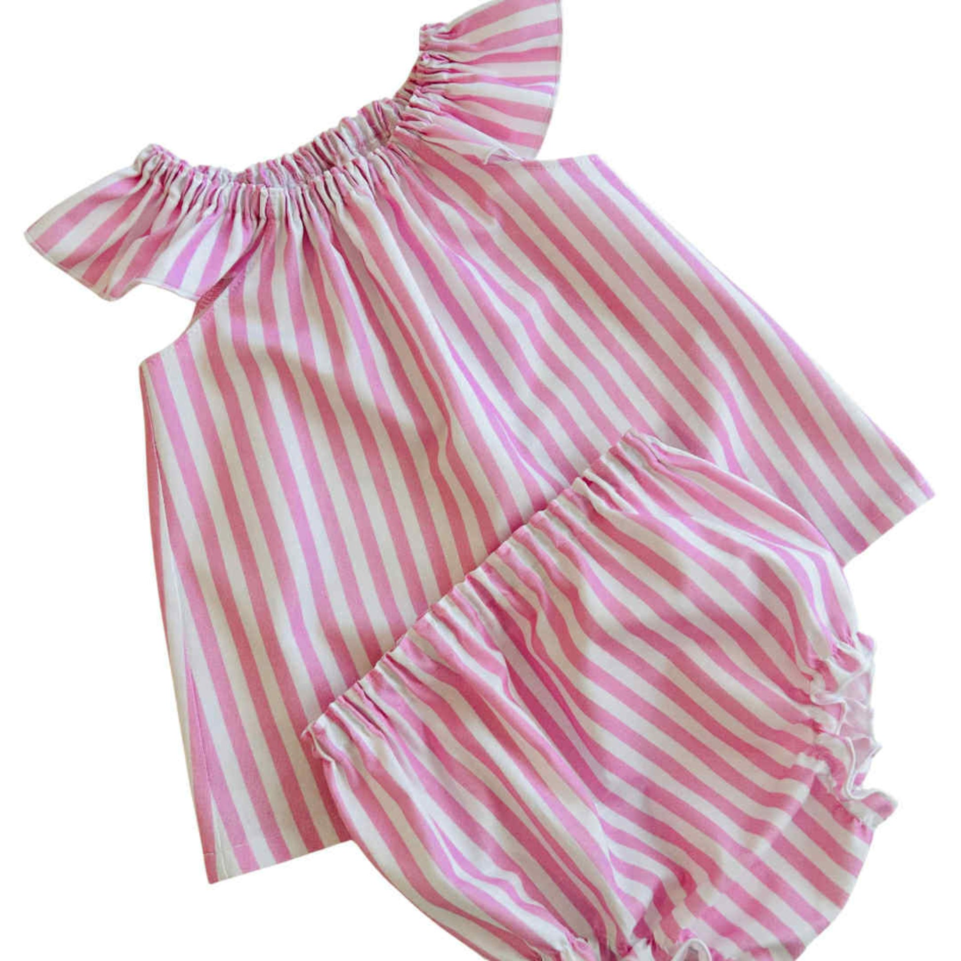 Pink and white striped baby romper on a white background