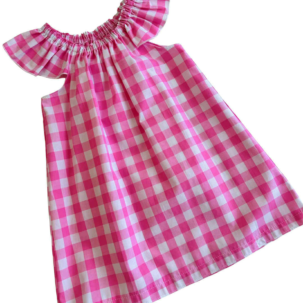 Pink and white checkered dress with Flutter sleeves